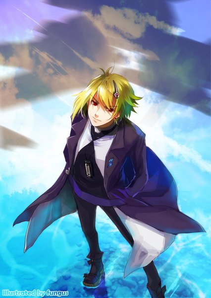 Anime picture 1240x1748 with macross macross frontier brera sterne single tall image blonde hair red eyes sky cloud (clouds) wind shadow hands in pockets space boy hair ornament earrings cloak aircraft airplane harmonica