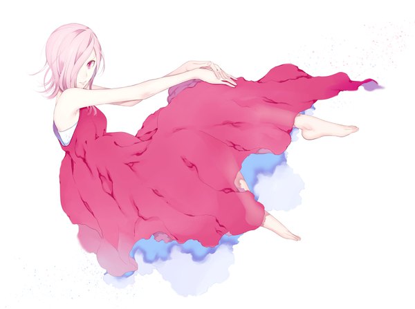 Anime picture 1680x1253 with one piece toei animation vinsmoke reiju too mizuguchi single looking at viewer fringe short hair simple background smile white background bare shoulders pink hair full body pink eyes barefoot hair over one eye girl dress pink dress