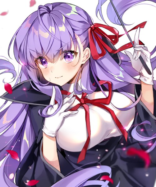 Anime picture 796x951 with fate (series) fate/extra fate/extra ccc bb (fate) (all) bb (fate/extra) pingo single long hair tall image looking at viewer blush breasts large breasts purple eyes purple hair upper body ahoge hand on chest >:) girl
