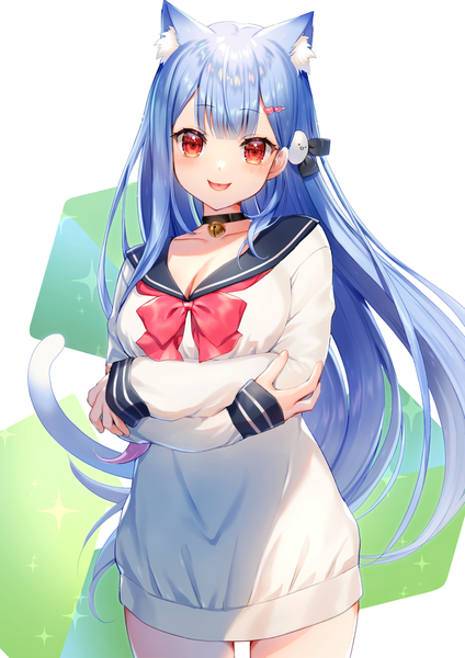 Anime picture 1447x2047 with virtual youtuber plivyou shikai yue momoshiki tsubaki single long hair tall image looking at viewer blush fringe simple background red eyes standing animal ears blue hair tail long sleeves animal tail cat ears cat girl