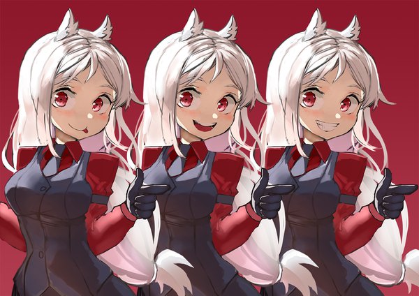 Anime picture 1500x1061 with helltaker cerberus (helltaker) mg42cat-k1ng long hair open mouth simple background smile red eyes multiple girls animal ears white hair :d grin low ponytail red background dog ears triplets girl gloves black gloves