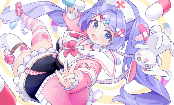 Anime picture 1600x968 with blue archive hanae (blue archive) nomio single looking at viewer open mouth blue eyes wide image twintails purple hair very long hair :d fang (fangs) different thighhighs girl thighhighs uniform animal serafuku detached collar