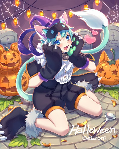 Anime picture 1500x1874 with original zoff (daria) single tall image looking at viewer blush fringe short hair open mouth blue eyes smile hair between eyes sitting animal ears blue hair tail :d animal tail inscription fang (fangs)