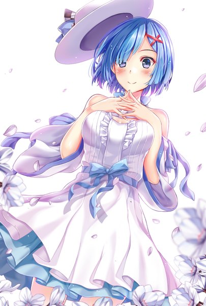 Anime picture 1378x2039 with re:zero kara hajimeru isekai seikatsu white fox rem (re:zero) hasaya single tall image looking at viewer blush short hair blue eyes smile white background blue hair alternate costume interlocked fingers girl flower (flowers) bow hat petals