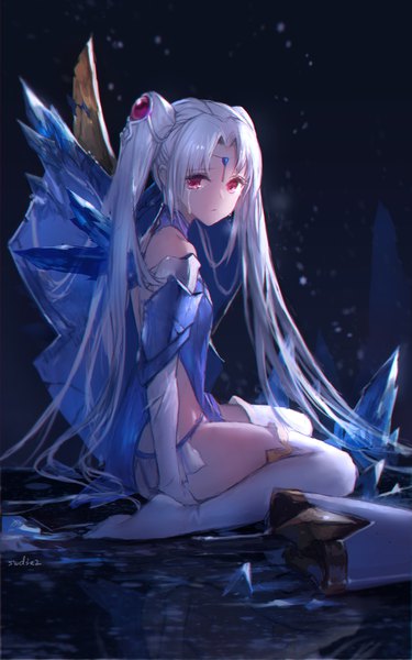 Anime picture 1181x1890 with venus blood swd3e2 single tall image looking at viewer fringe light erotic red eyes sitting twintails bare shoulders signed payot full body white hair very long hair parted lips no shoes tears wariza