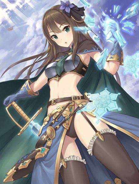 Anime picture 800x1055 with idolmaster idolmaster cinderella girls shibuya rin tamakaga single long hair tall image looking at viewer fringe breasts light erotic brown hair standing holding green eyes sky cloud (clouds) bare belly from below sleeveless