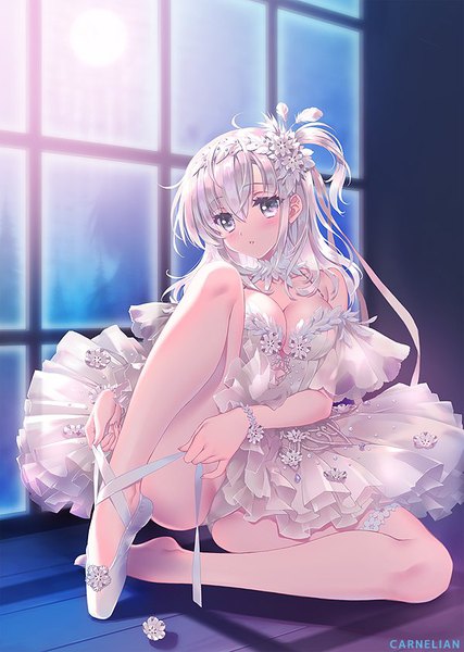 Anime picture 600x843 with kantai collection suzutsuki (kancolle) carnelian single long hair tall image looking at viewer blush fringe breasts light erotic hair between eyes bare shoulders signed silver hair full body ahoge bent knee (knees) parted lips head tilt