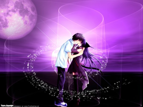Anime picture 1400x1050 with pure pure lovers tobari long hair short hair purple hair animal tail night couple hug kiss girl boy detached sleeves moon