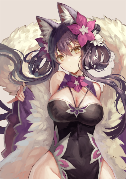 Anime picture 1771x2508 with original okuma mai single long hair tall image looking at viewer fringe highres breasts light erotic simple background large breasts standing twintails bare shoulders animal ears yellow eyes cleavage purple hair traditional clothes