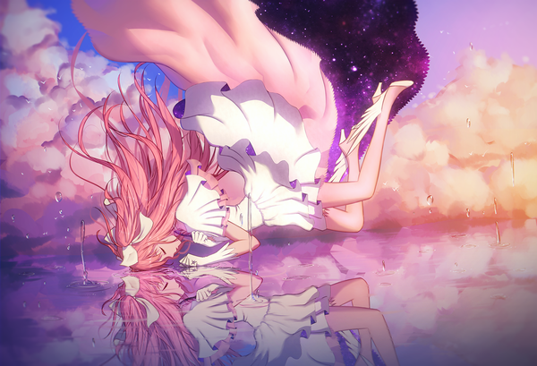 Anime picture 2000x1365 with mahou shoujo madoka magica shaft (studio) kaname madoka goddess madoka maredoro single long hair highres twintails pink hair cloud (clouds) eyes closed high heels reflection space magical girl weightlessness starry sky print girl thighhighs