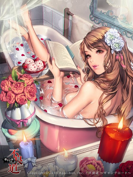 Anime picture 800x1067 with furyou michi ~gang road~ reizei hiai love cacao single long hair tall image looking at viewer breasts light erotic brown hair bare shoulders orange eyes legs girl flower (flowers) petals food sweets book (books) ice cream