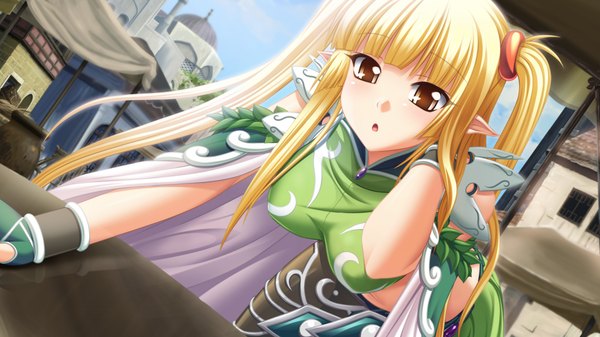 Anime picture 1024x576 with kamidori alchemy meister seravalwie endorse long hair blonde hair wide image twintails brown eyes game cg girl