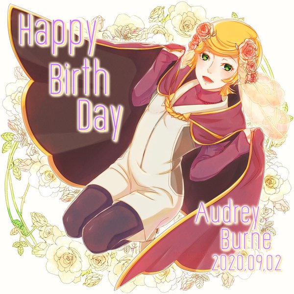 Anime picture 1024x1024 with mobile suit gundam gundam unicorn sunrise (studio) audrey burne mineva lao zabi megane (pixiv16431017) single looking at viewer short hair open mouth blonde hair green eyes :d hair flower character names dated happy birthday floral background girl flower (flowers)
