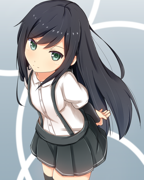 Anime picture 800x1000 with kantai collection asashio destroyer cuon (kuon) single long hair tall image looking at viewer black hair smile green eyes pleated skirt from above hands behind back girl thighhighs skirt black thighhighs suspenders