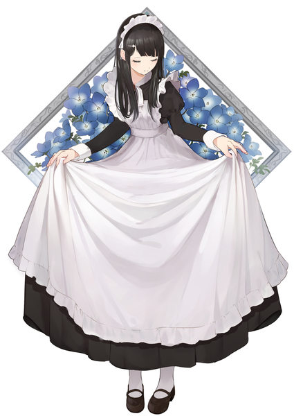 Anime picture 1000x1412 with original shii (kairi-t-k0317) single long hair tall image fringe black hair full body blunt bangs eyes closed maid girl uniform flower (flowers) shoes headdress maid headdress bobby pin picture frame mary janes