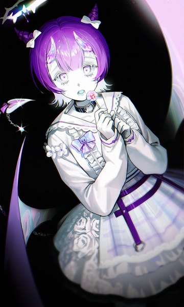 Anime picture 1000x1667 with original on (onon2659) single tall image looking at viewer fringe short hair hair between eyes purple hair horn (horns) from above silver eyes demon wings oni horns girl bow hair bow wings choker food
