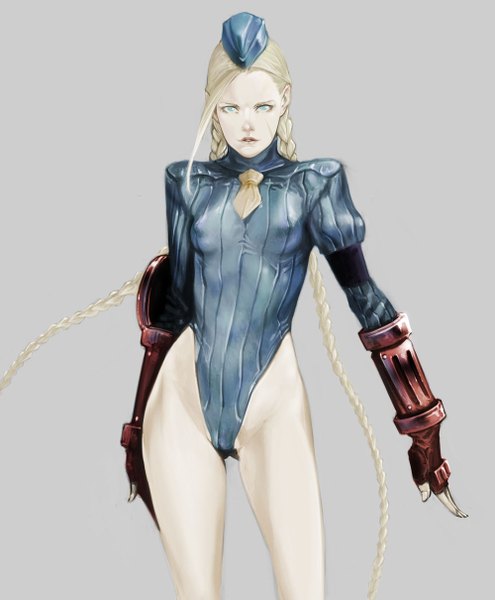 Anime picture 1000x1210 with street fighter capcom cammy white ikeda masateru single long hair tall image looking at viewer open mouth light erotic simple background blonde hair standing braid (braids) very long hair aqua eyes grey background teeth twin braids scar