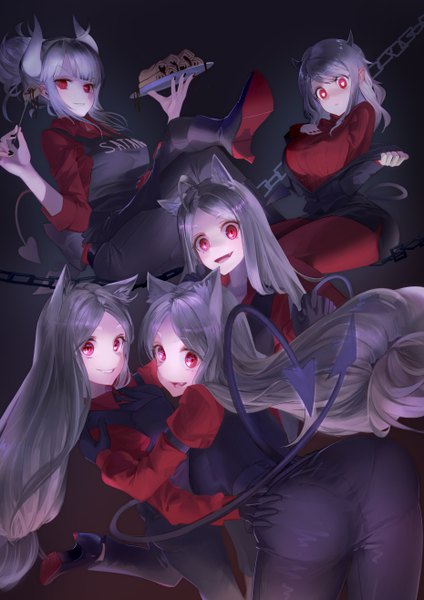 Anime picture 3720x5262 with helltaker modeus (helltaker) lucifer (helltaker) cerberus (helltaker) me/r long hair tall image looking at viewer fringe highres short hair breasts open mouth light erotic simple background smile red eyes sitting multiple girls holding