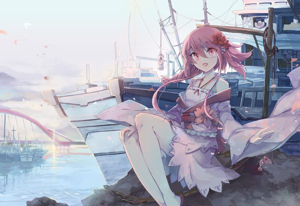 Anime picture 1900x1304 with sergestid shrimp in tungkang xuan ying shadowsinking single long hair looking at viewer fringe highres open mouth smile hair between eyes sitting bare shoulders payot pink hair sky bent knee (knees) outdoors braid (braids) traditional clothes