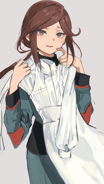 Anime picture 1640x2888 with mobile suit gundam gundam suisei no majo sunrise (studio) petra itta aibon single long hair tall image simple background brown hair holding brown eyes grey background low ponytail girl dress uniform school uniform white dress clothes