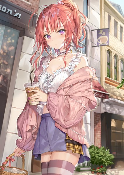 Anime picture 2900x4096 with original momoko (momopoco) single tall image looking at viewer blush fringe highres short hair breasts standing purple eyes holding payot cleavage ahoge outdoors ponytail red hair long sleeves
