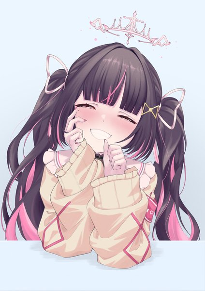 Anime-Bild 1488x2105 mit virtual youtuber phase connect himemiya rie rage (pixiv16697945) single long hair tall image blush fringe simple background smile brown hair twintails upper body blunt bangs eyes closed long sleeves head tilt multicolored hair wide sleeves