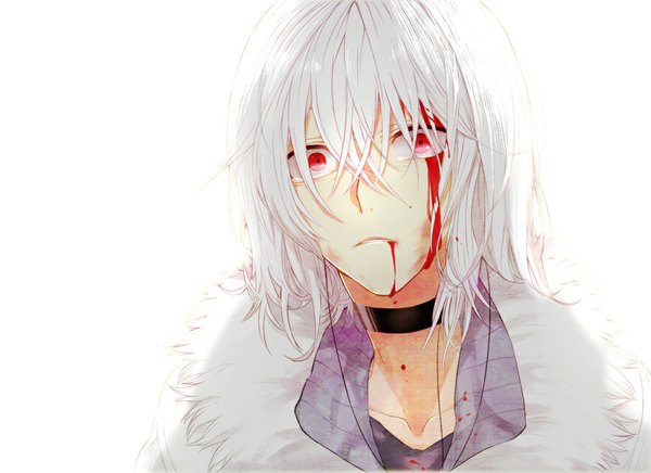 Anime picture 1000x727 with to aru majutsu no index j.c. staff accelerator gung single looking at viewer short hair simple background red eyes white background white hair teeth tears boy fur blood collar