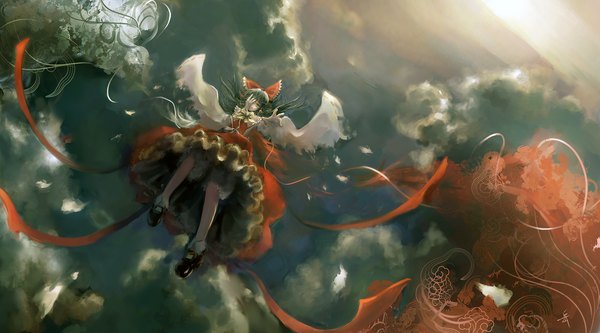 Anime picture 1440x800 with touhou hakurei reimu archlich wide image sky cloud (clouds) green hair miko girl dress wings