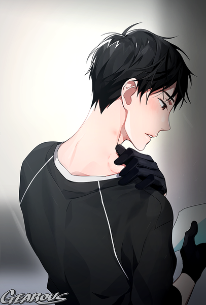 Anime picture 900x1330 with yuri!!! on ice mappa katsuki yuuri gearous single tall image blush fringe short hair black hair simple background holding brown eyes signed looking away upper body parted lips profile from behind grey background