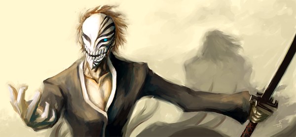 Anime picture 1200x556 with bleach studio pierrot kurosaki ichigo tagme (artist) wide image from behind glowing glowing eye (eyes) boy weapon sword katana mask