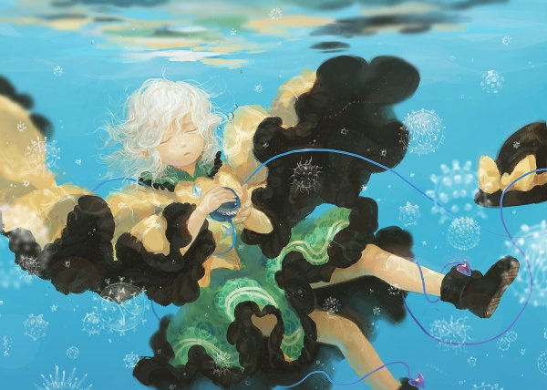 Anime picture 1200x856 with touhou komeiji koishi seeker single short hair holding signed white hair wide sleeves underwater hat removed girl skirt hat bubble (bubbles) green skirt eyeball jellyfish