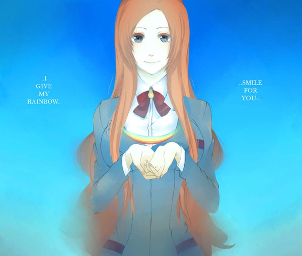 Anime picture 1323x1123 with bleach studio pierrot inoue orihime persona92 (orichie) single long hair looking at viewer blue eyes simple background smile orange hair inscription blue background girl uniform school uniform rainbow