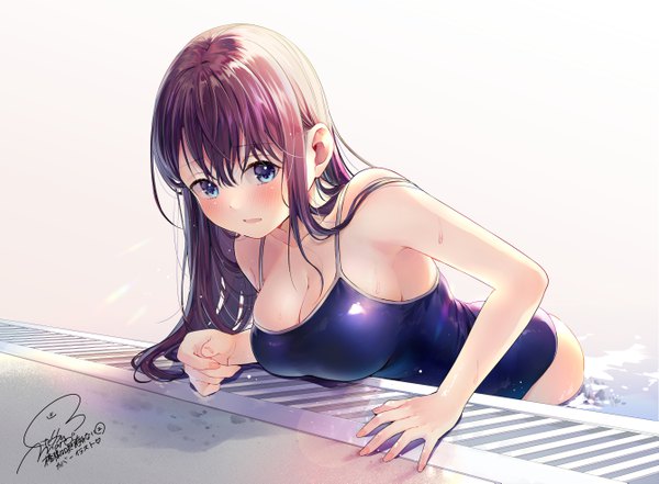 Anime picture 5358x3945 with original geshumaro single long hair looking at viewer blush fringe highres breasts open mouth blue eyes light erotic simple background hair between eyes brown hair large breasts signed absurdres cleavage fingernails