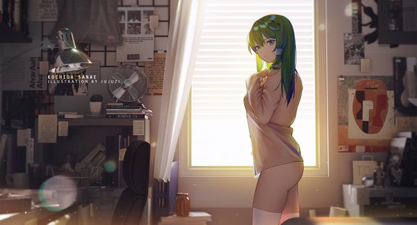 Anime picture 3596x1942 with touhou kochiya sanae xtears kitsune single long hair looking at viewer fringe highres blue eyes light erotic hair between eyes wide image standing signed ass indoors long sleeves parted lips head tilt green hair
