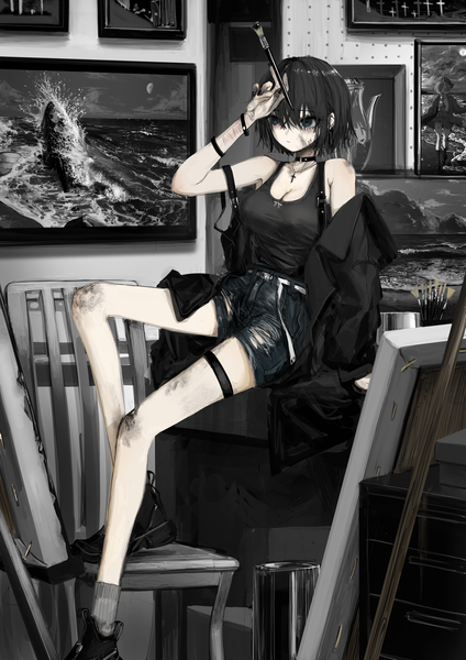Anime picture 1574x2229 with original narue single tall image fringe short hair black hair hair between eyes sitting holding looking away cleavage full body indoors nail polish black eyes off shoulder arm support open jacket piercing