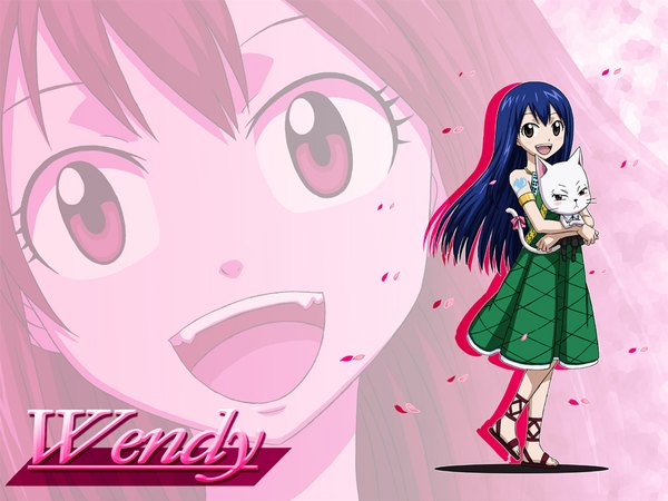 Anime picture 1024x768 with fairy tail wendy marvell charle (fairy tail) long hair blush open mouth smile brown eyes blue hair inscription tattoo crossed arms zoom layer girl dress animal petals cat