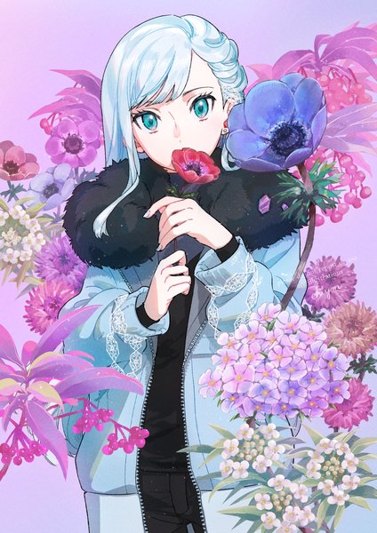 Anime picture 1202x1700 with original chon chiyon single long hair tall image looking at viewer standing silver hair aqua eyes fur trim covered mouth purple background floral background girl flower (flowers) fur turtleneck fur collar hydrangea anemone (flower)