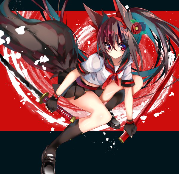 Anime-Bild 1012x984 mit original asaki yukiko nekoboshi sakko single blush fringe hair between eyes red eyes animal ears looking away ponytail tail very long hair animal tail pleated skirt hair flower leaning leaning forward fox ears fox tail