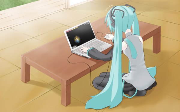 Anime picture 2500x1563 with vocaloid hatsune miku tagme (artist) single long hair highres wide image sitting twintails aqua hair game girl thighhighs skirt black thighhighs detached sleeves necktie headphones table laptop