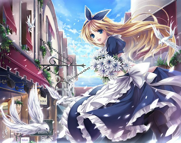 Anime picture 1000x789 with original hagiwara rin long hair open mouth blue eyes blonde hair sky girl flower (flowers) bow plant (plants) hair bow animal petals sea bird (birds) building (buildings) chain apron bouquet