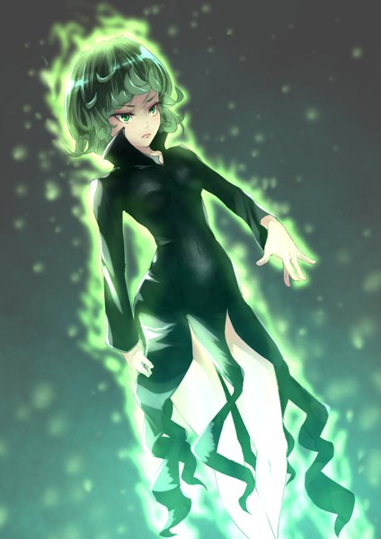 Anime picture 1000x1414 with one-punch man madhouse tatsumaki smile (qd4nsvik) single tall image blush short hair breasts green eyes bent knee (knees) green hair lips thighs covered navel eyebrows aura girl dress black dress