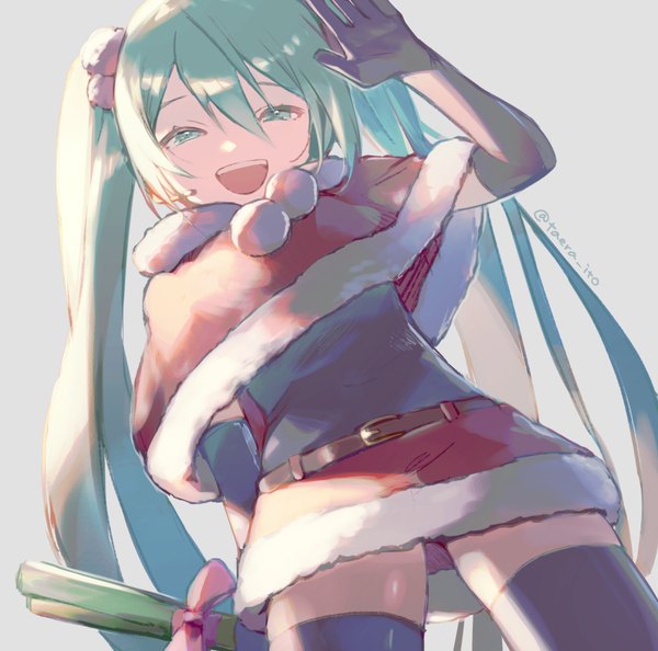 Anime picture 1050x1040 with vocaloid hatsune miku ito taera single long hair looking at viewer fringe open mouth simple background hair between eyes twintails signed :d arm up aqua eyes aqua hair grey background from below zettai ryouiki twitter username