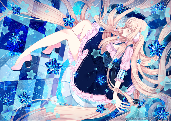 Anime picture 1000x707 with chobits chii aque shen lei single blush blonde hair signed full body bent knee (knees) eyes closed very long hair profile high heels checkered floor floor girl dress star (symbol) hair tubes robot ears