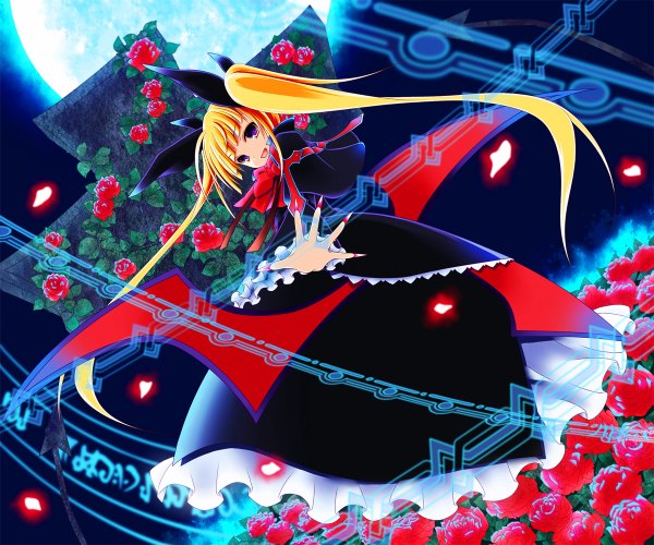Anime picture 1200x1000 with blazblue rachel alucard kabe (ryuryuta) single long hair blonde hair twintails loli magic outstretched hand girl dress flower (flowers) rose (roses) moon red rose