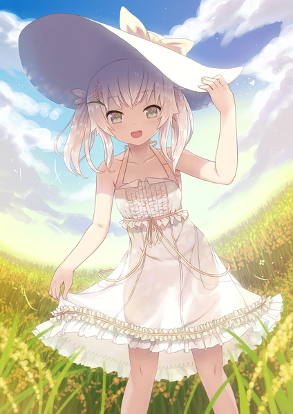 Anime picture 1131x1600 with dong-jin rice-hime suiji cait single long hair tall image open mouth twintails sky cloud (clouds) white hair white eyes see-through silhouette girl bow plant (plants) hat frills grass sundress