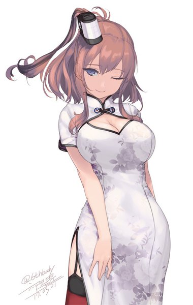 Anime picture 634x1000 with kantai collection saratoga (kantai collection) rokuwata tomoe single tall image looking at viewer fringe short hair breasts blue eyes light erotic simple background smile hair between eyes brown hair large breasts white background signed payot cleavage