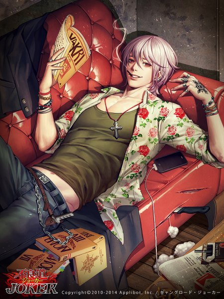 Anime picture 1000x1333 with furyou michi ~gang road~ soo kyung oh single tall image fringe short hair smile purple eyes nail polish lips mole tattoo open shirt mole under eye floral print smoke smoking boy navel shirt