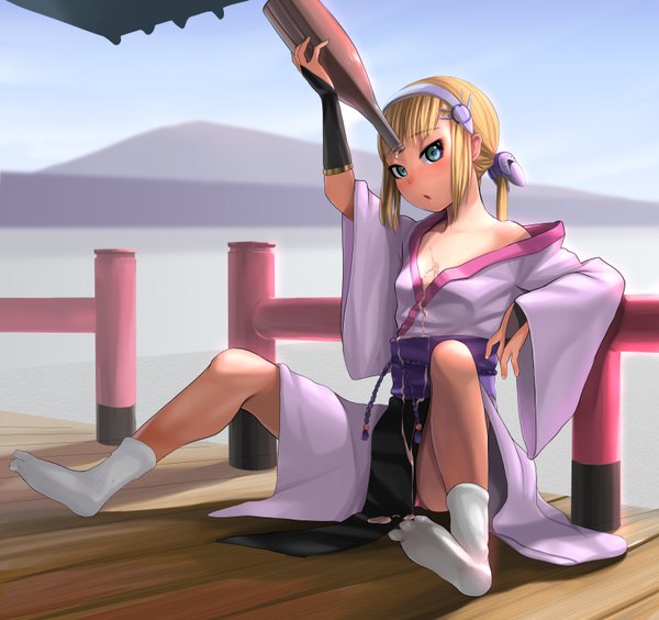 Anime picture 1600x1506 with original jishimaru single long hair looking at viewer short hair light erotic blonde hair sitting green eyes sky bent knee (knees) traditional clothes parted lips japanese clothes wide sleeves :o shadow side ponytail mountain