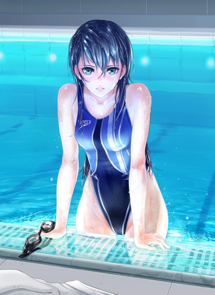 Anime picture 1227x1683 with original giba (out-low) long hair tall image looking at viewer blush blue eyes light erotic black hair girl swimsuit goggles pool