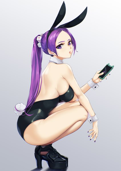 Anime picture 1200x1699 with original blueorca single long hair tall image looking at viewer breasts light erotic simple background large breasts purple eyes holding animal ears payot purple hair full body bent knee (knees) ponytail tail nail polish